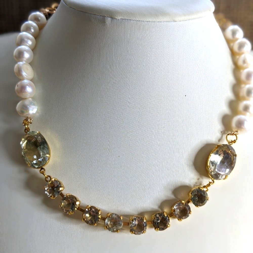 Natural Genuine Prasiolite/ Green Amethyst & Cultured Baroque Pearl Necklace